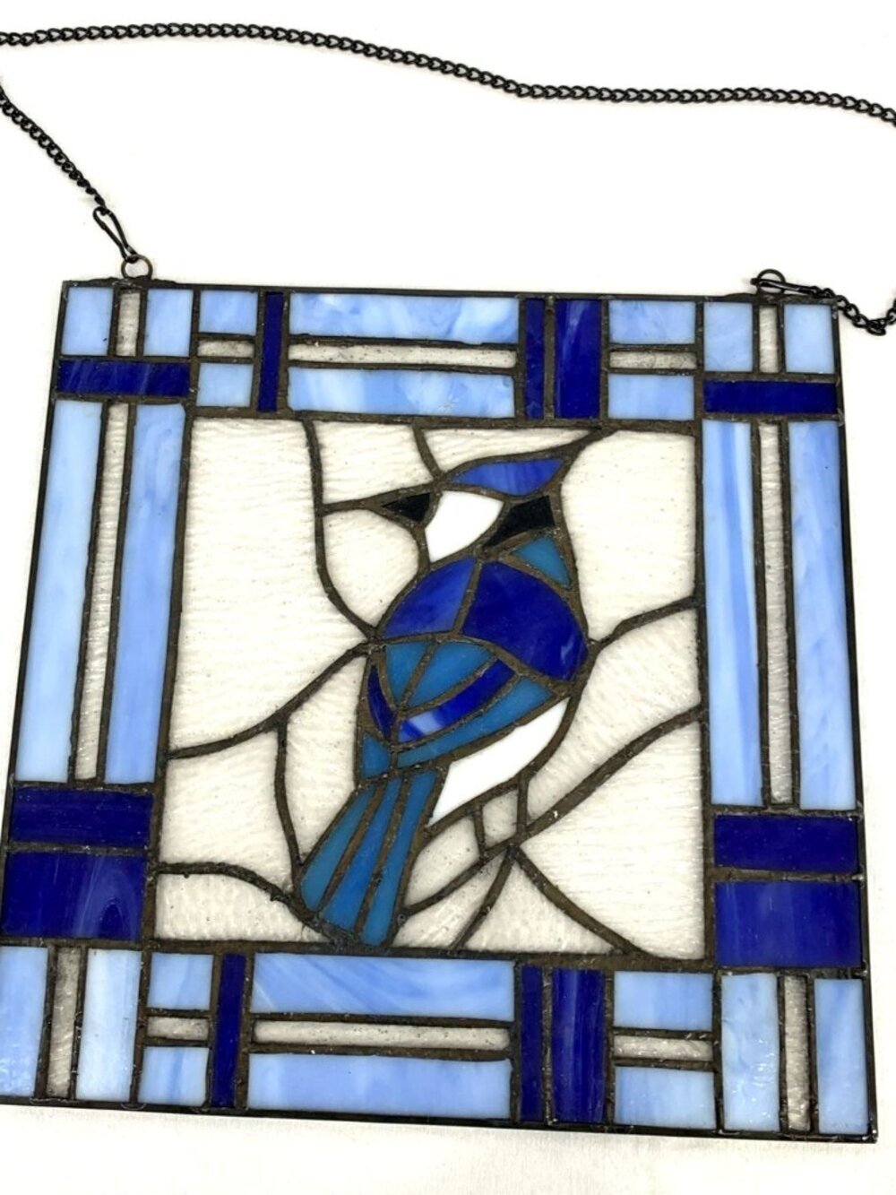 Blue Jay Stained Glass Suncatcher 11 x 11" Handcrafted Hanging Drop Chain 12"